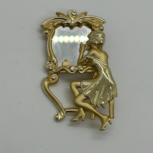 Vintage Gold-Tone Vanity Brooch With Lady At Dressing Table Mirror Design - Picture 2 of 13